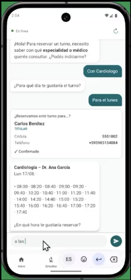 Pantalla de la app de pacientes de Inspira Hospital, reservando un turno por chat